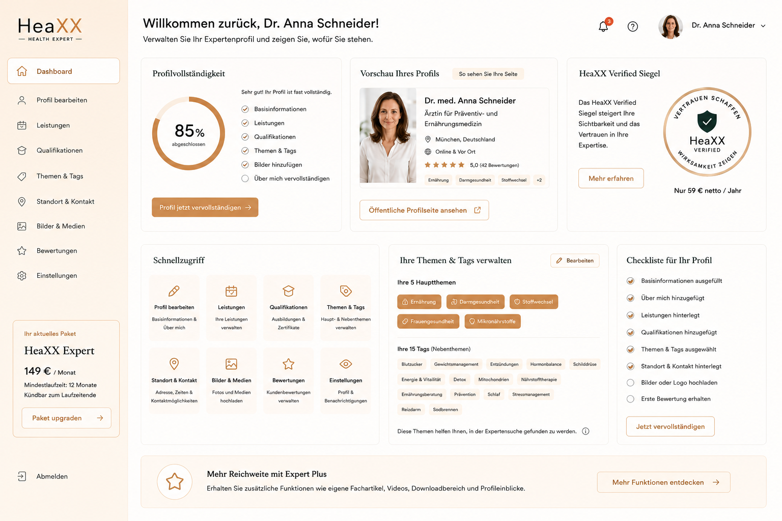 Dashboard-Vorschau für HeaXX Expert
