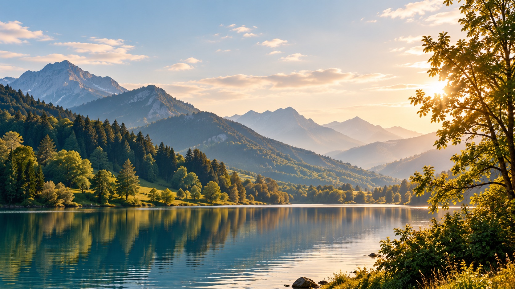 Berglandschaft mit einem See im warmen Abendlicht