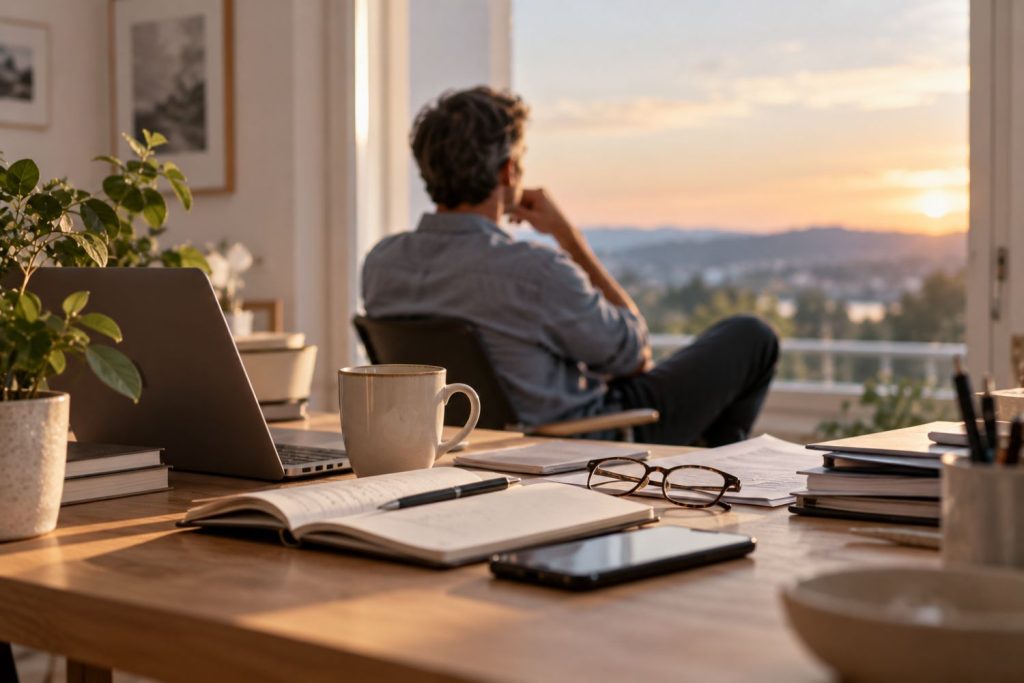 Mann sitzt im Büro und schaut aus dem Fenster