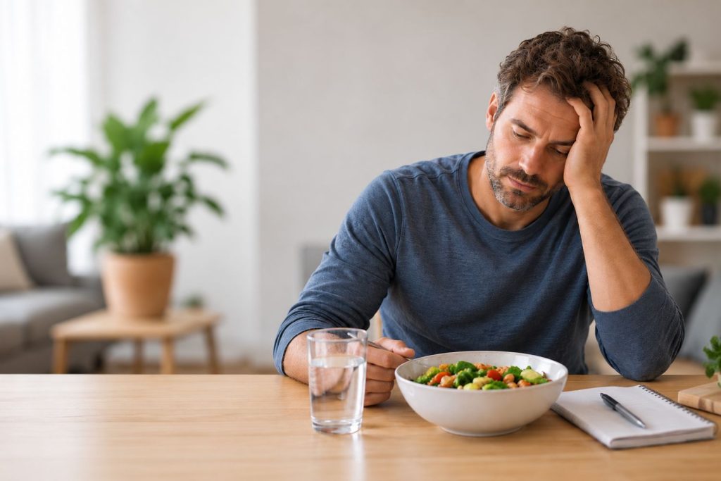 Müder Mann sitzt am Tisch vor seinem Essen