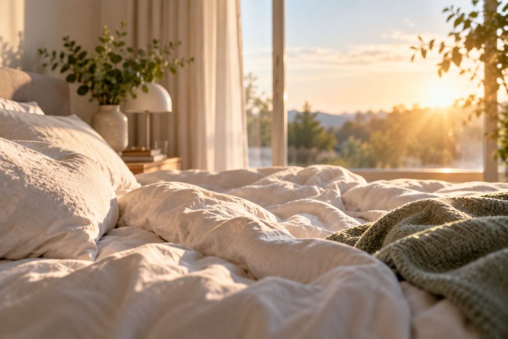 Bett mit aufgehender Sonne im Hintergrund