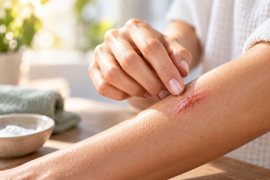 Pflaster wird auf Arm geklebt