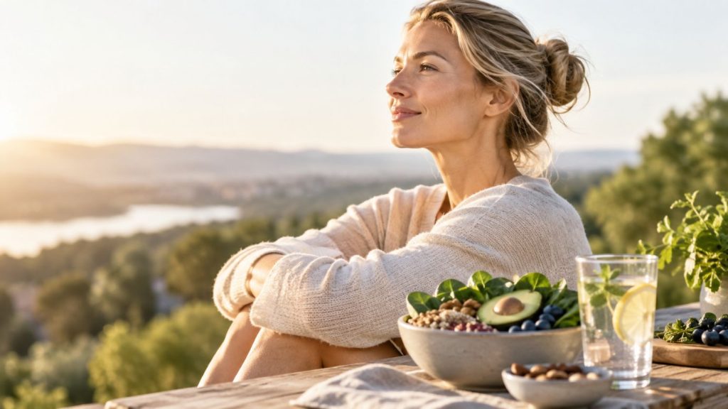Blutzucker: Frau und Teller mit gesundem Essen