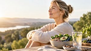 Blutzucker: Frau und Teller mit gesundem Essen