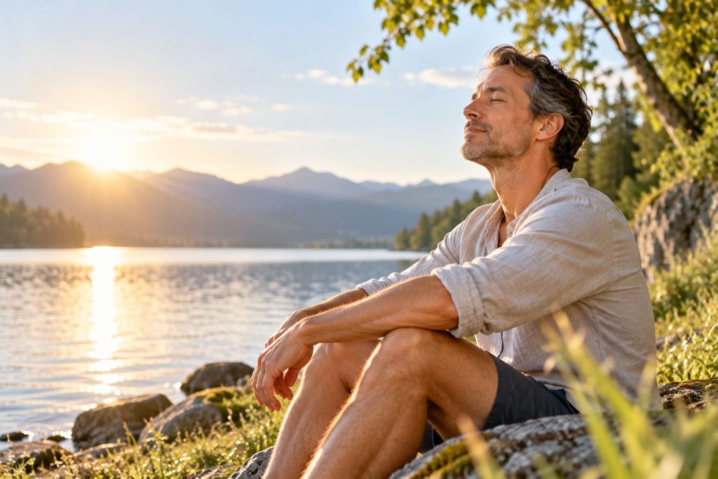 Mann sitzt entspannt vor einem See