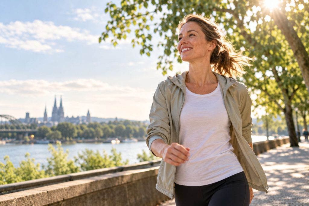 Frau geht am Nachmittag spazieren