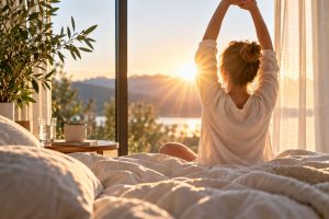 Frau reckt sich vor der Morgensonne