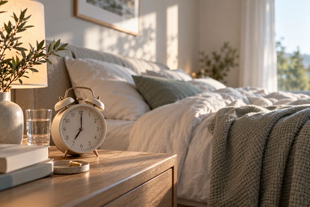 Bett mit Wecker daneben