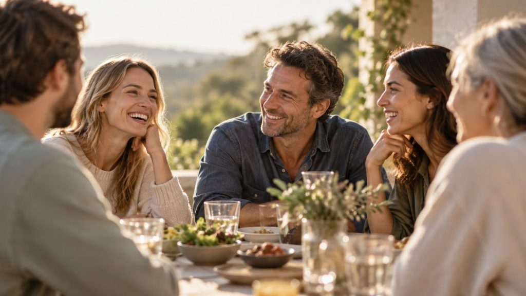 Soziale Beziehungen: Gruppe von Menschen sitzt zusammen