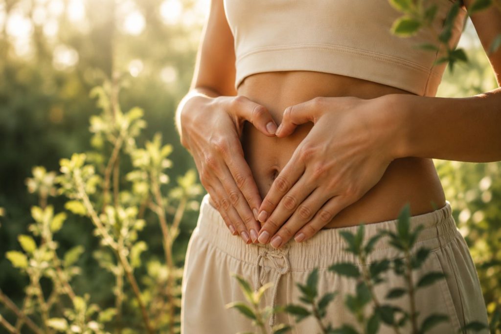 Frau hält sich Hände an den Bauch