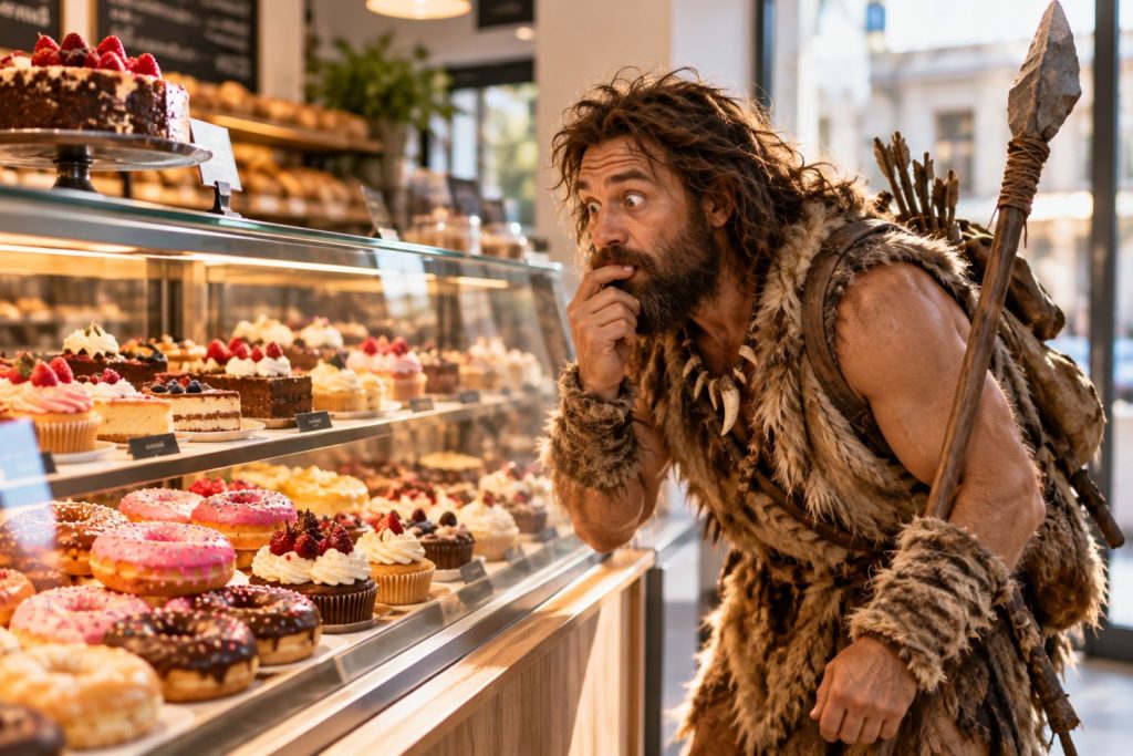 Neanderthaler vor Bäckertheke