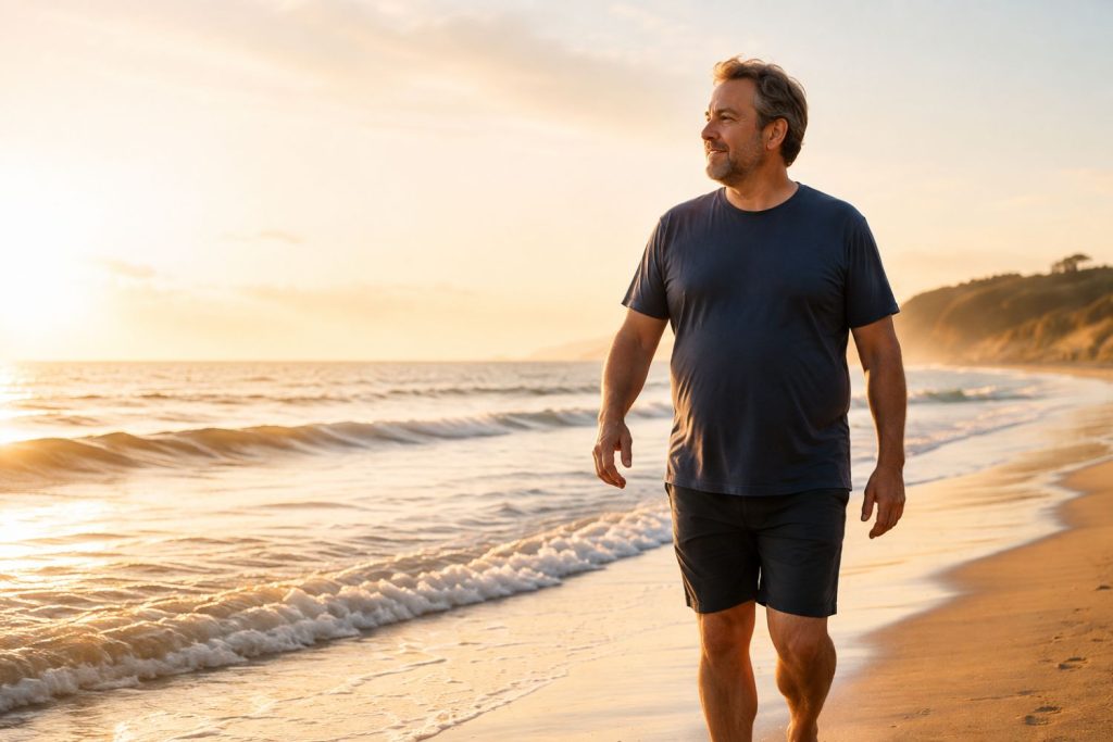 Übergewichtiger Mann am Meer